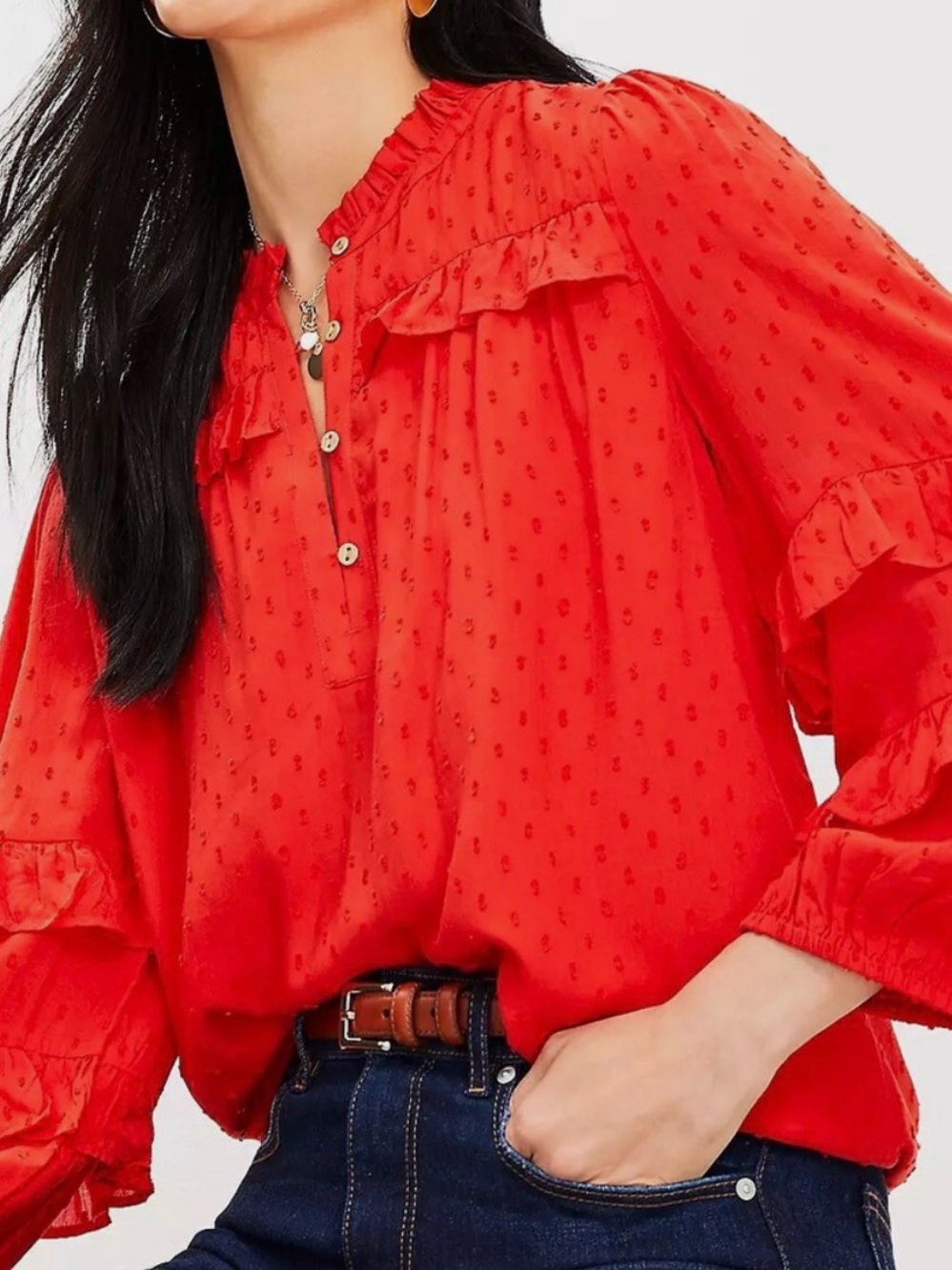 NWT ANN TAYLOR LOFT Blouse Top Shirt Dot Ruffle Sleeves Lined Red Petite XXS